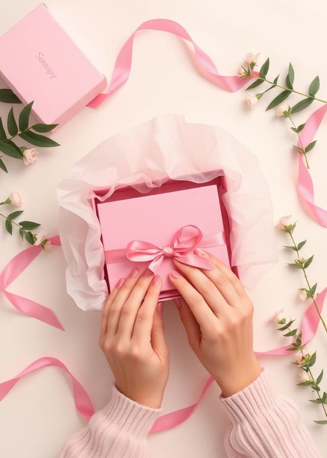 Hands unboxing a pink beauty PR package