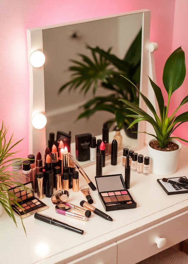 Vanity covered in makeup with pink lighting