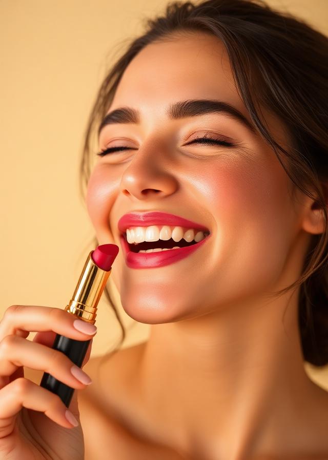 Creator laughing while holding a lipstick