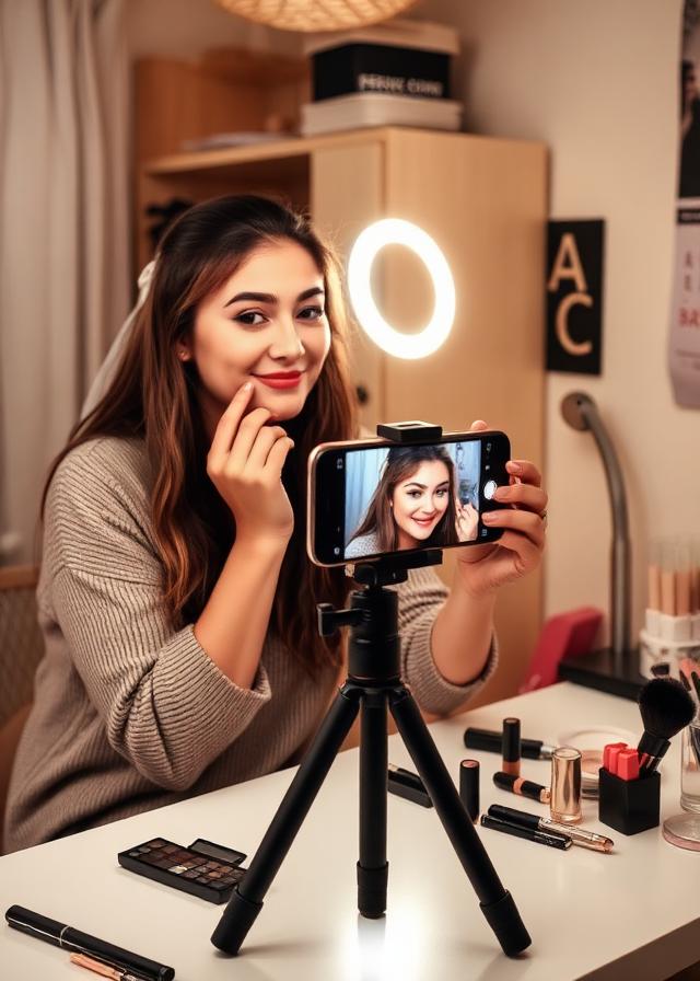 Student creator filming a makeup routine at a desk